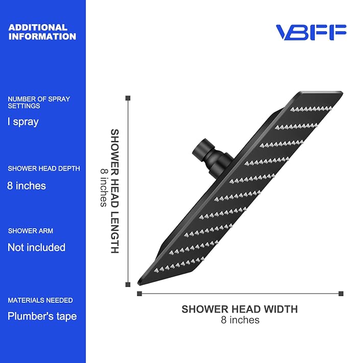 VBFF-Shower Head, rain shower head, 8 inch- Square Shower Head, 1.8 GPM Flow - Image 6