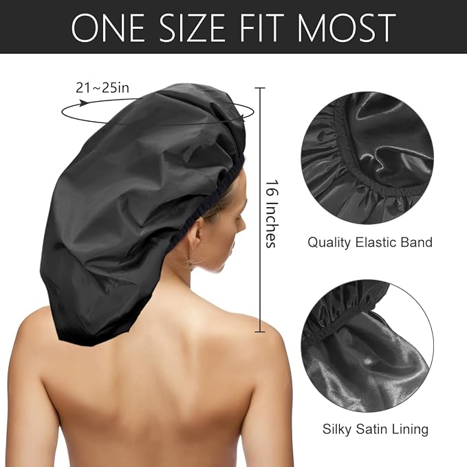 Auban Extra Large Shower Cap, Double-Layer Waterproof Reusable, XL Satin Lining - Image 2
