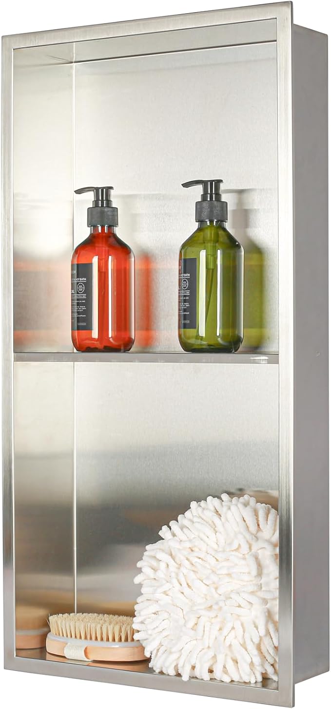 Stainless Steel no Tile Needed Metal Niche, Double Shelves，Stainless Steel by IKITRAEE