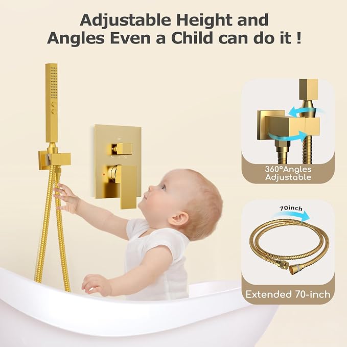Shower System Brushed Gold Shower Faucet Set, Five Functions Knob Diverter - Image 3