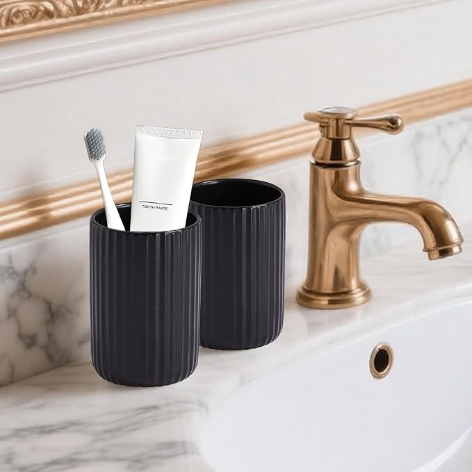 Black Toothbrush Holder, Ceramic Tooth Brush Holder Set, Ribbed Bathroom Cups - Image 3
