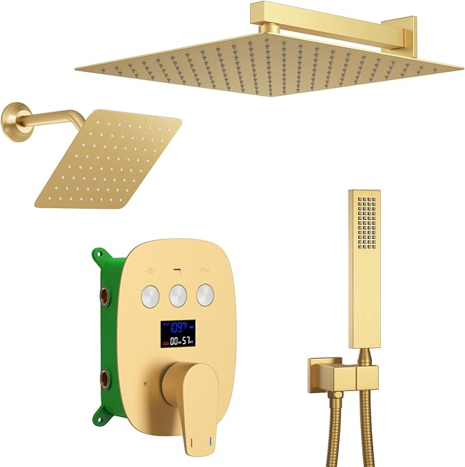 Brushed Gold Shower System Set Temperature Display Push Button Shower Faucet by KATAIS