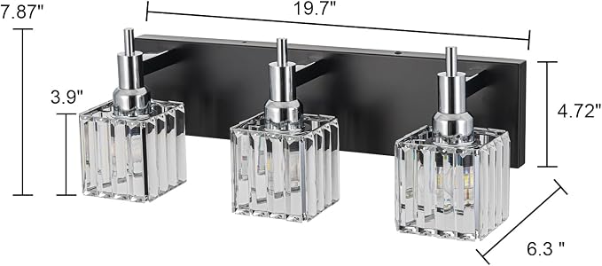 Black Chrome Bathroom Vanity Lights, Modern 3 Lights Crystal Bathroom Lighting - Image 3