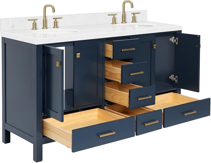 ARIEL Cambridge 60 Inch Midnight Blue Bathroom Vanity Double Sink, Solid Wood - Image 8