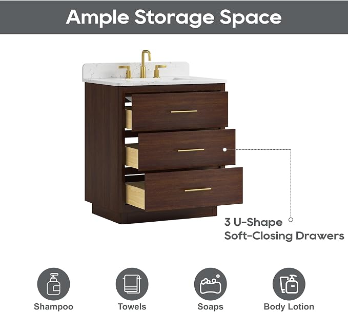 30 Inch Bathroom Vanity with Sink, Solid Wood Frame with Engineered Marble - Image 6