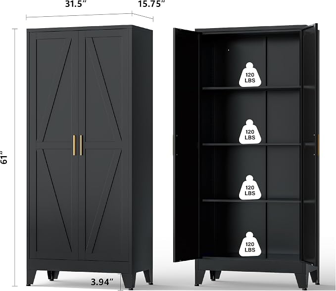 61" Black Metal Storage Cabinet, Farmhouse Pantry Cabinet - Image 2