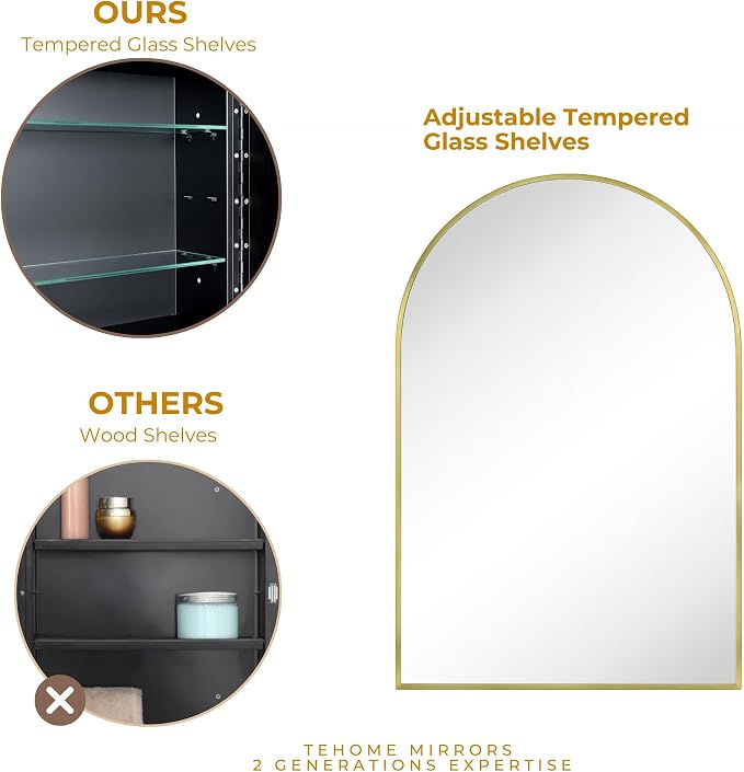 TEHOME 20 x 30'' Brush Gold Arched Bathroom Medicine Cabinet - Image 9