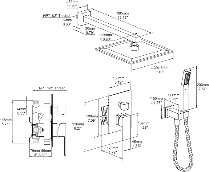 Rain Shower System 12 Inches Shower Combo Set Oil Rubbed Bronze Wall Mount - Image 2