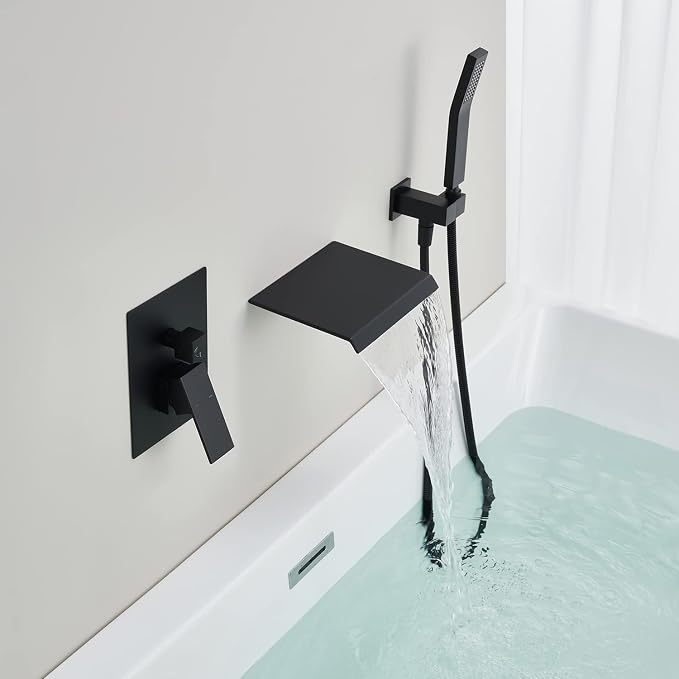 Wall Mount Tub Filler Waterfall Tub Faucet Black Bathtub Faucet Brass Single - Image 4