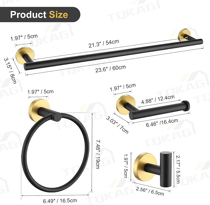 TQKAG Black and Gold Bathroom Accessory Set 5 Pieces, Round Stainless Steel - Image 6