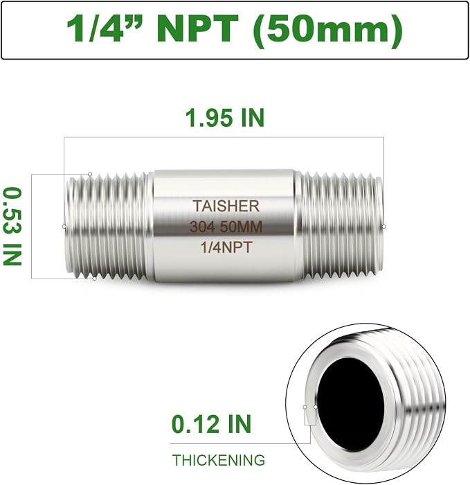 TAISHER 2PCS Stainless Steel Pipe Fittings, 1/4" NPT Male x 1/4" NPT Male - Image 2