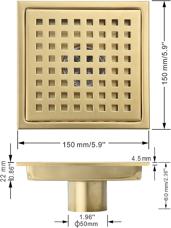 Square Shower Floor Drain Brushed Gold 6 Inch，Grille - Image 5