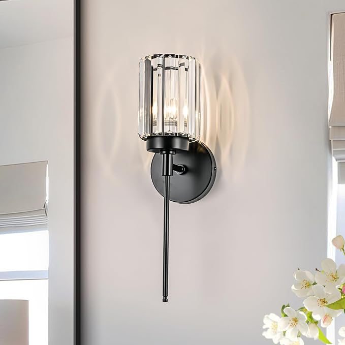 Single Black Wall Sconce, Modern Crystal Vanity Lighting Fixture by HUOKU