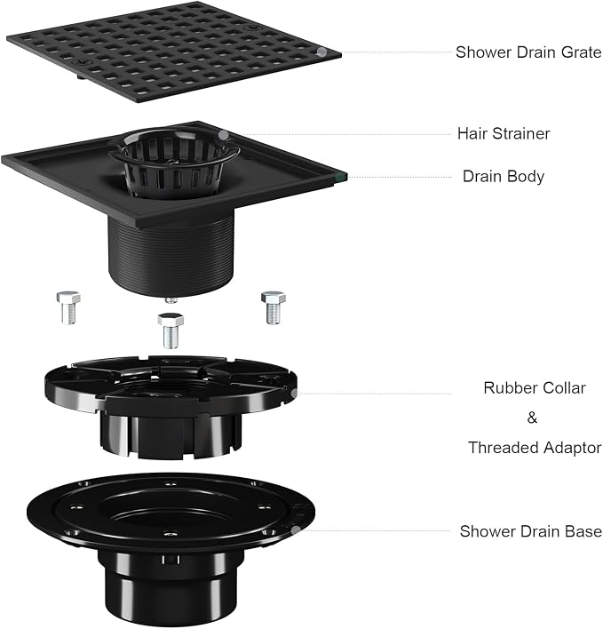 4 Inch Square Shower Floor Drain, Matte Black 304 Stainless Steel Shower Floor - Image 5