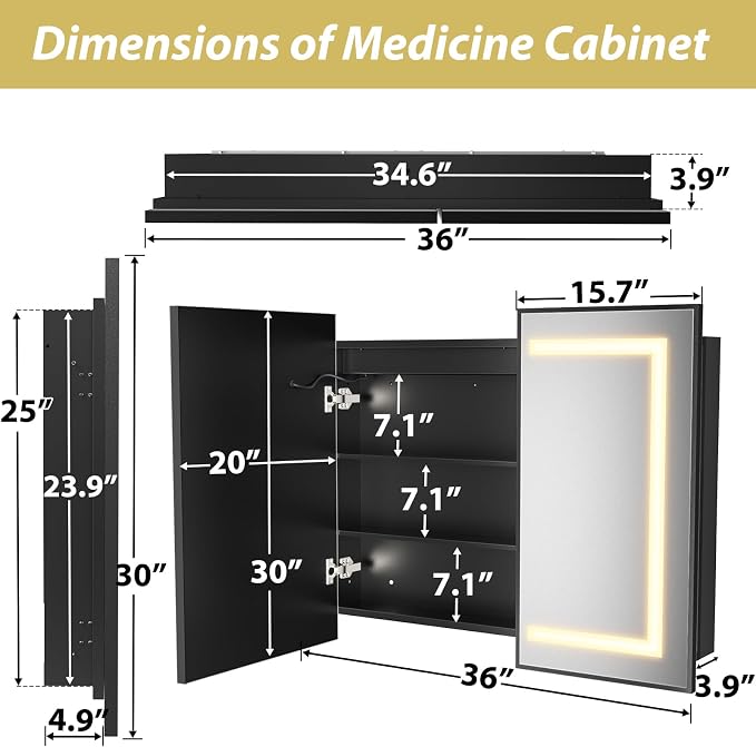 APRILSOUL 36X30 Inch Black Bathroom Medicine Cabinet - Image 4