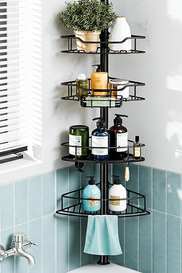Corner Shower Caddy Tension Pole, 4 Tier Rustproof Shower Tension Rod Organizer by DIYMyHome
