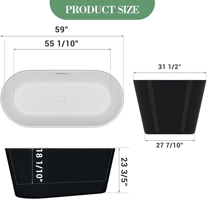 59" Acrylic Soaking Bathtub, Deep Modern Tub - Image 7