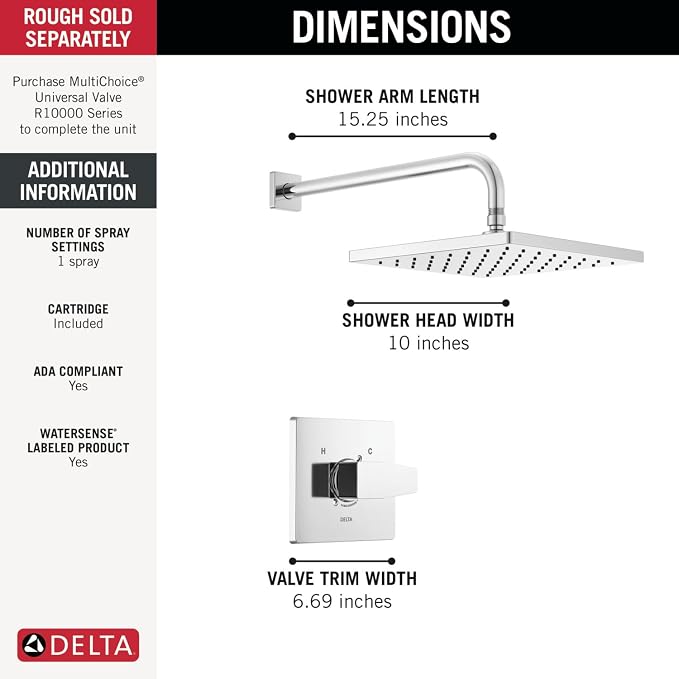 Delta Modern 14 Series Square Rain Shower Faucet Set, Brushed Nickel Shower - Image 4