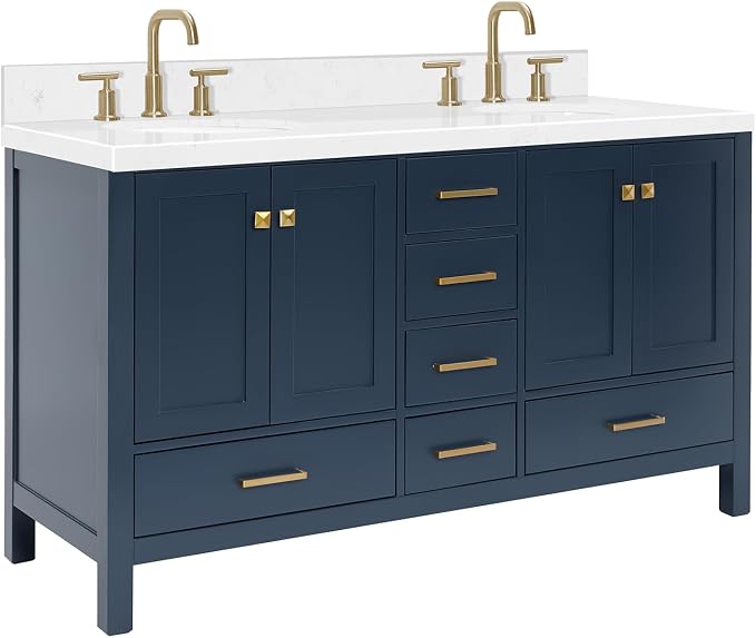 ARIEL Cambridge 60 Inch Midnight Blue Bathroom Vanity Double Sink, Solid Wood - Image 7