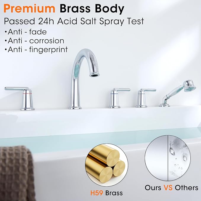 Roman Bath Tub Faucet Set with Rough-in Valve and Sprayer, Brass 5 Hole - Image 9