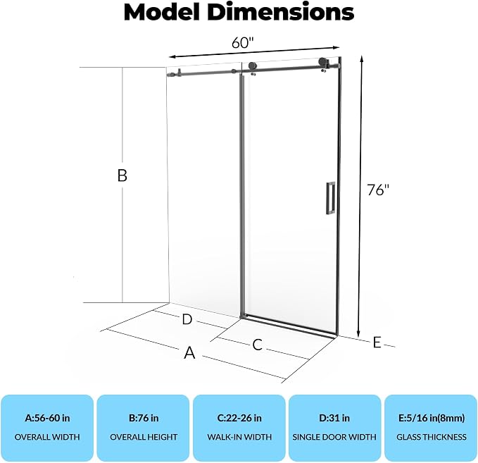 56" to 60" Adjustable Width x 76" Height Frameless Sliding Shower Door - Image 2