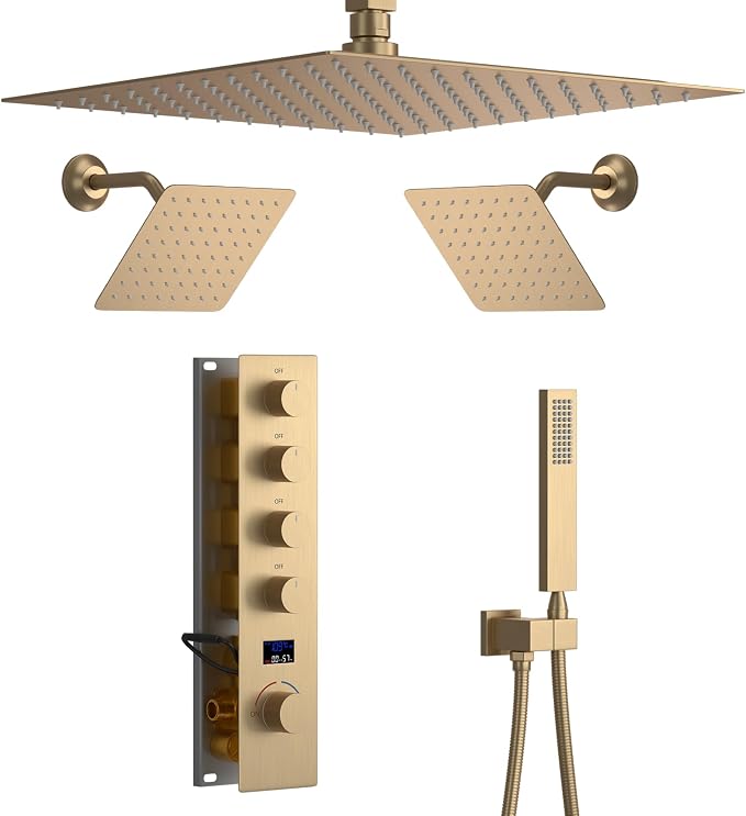 Brushed Gold Shower System Digital Temperature Display Shower Faucet Set by KATAIS