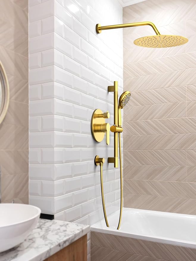 SR SUN RISE 12 Inch Brushed Gold Shower System, Wall-Mount Adjustable 16-Inch - Image 2