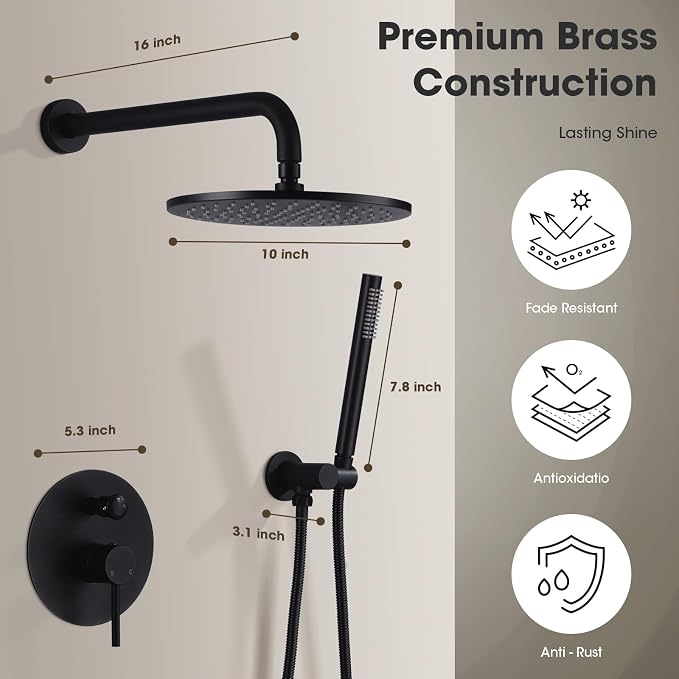 TRUSTMI Matte Black Shower System Wall Mounted Pressure Balance 10-Inch - Image 7