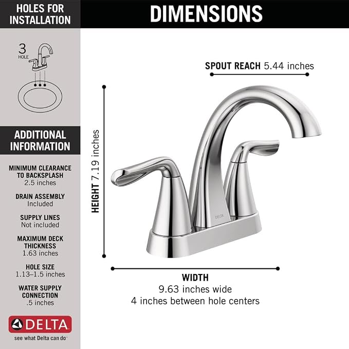 Delta Arvo Centerset Bathroom Faucet, Chrome 2-Handle Bathroom Faucet, Delta - Image 4