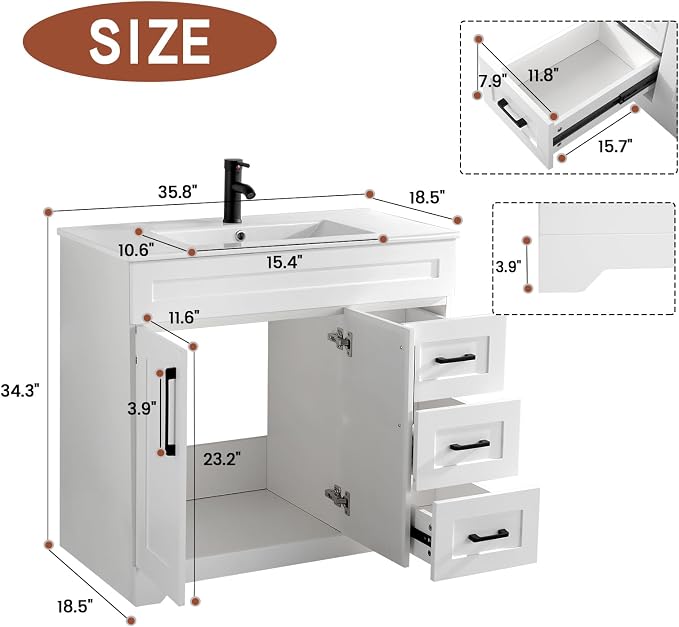 36" Bathroom Vanity with Sink Top, 2 Soft Closing Doors & 3 Full Extension - Image 3
