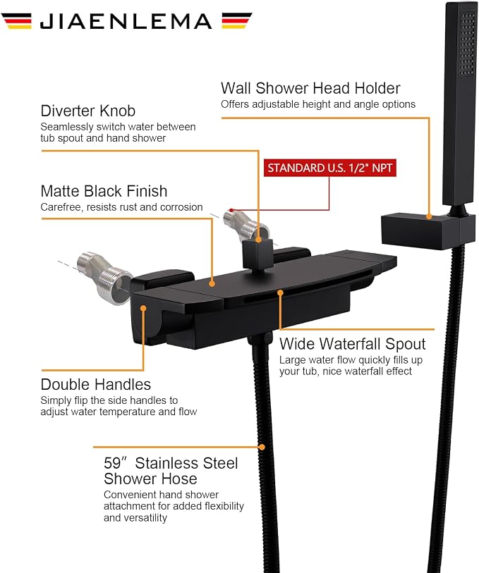 Wall Mount Tub Filler Matte Black Waterfall Tub Faucet - Image 4