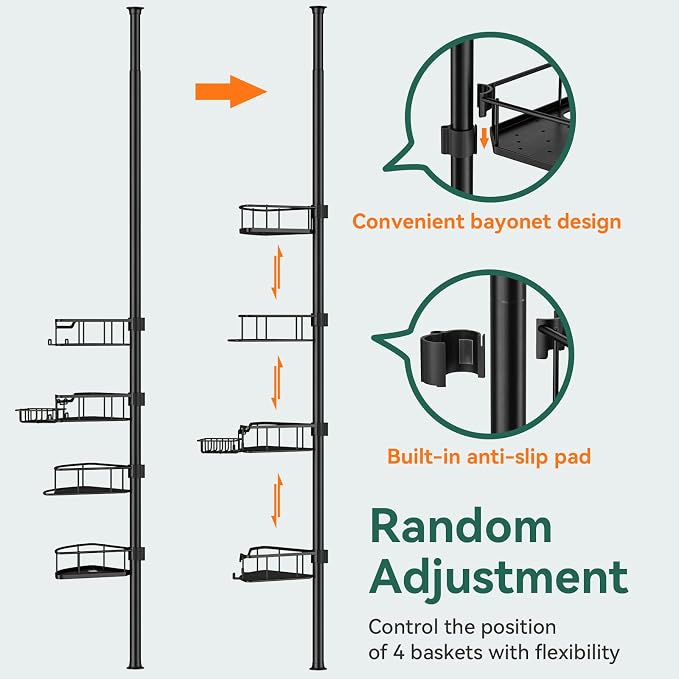Corner Shower Caddy Tension Pole, 4 Tier Rustproof Shower Tension Rod Organizer - Image 4