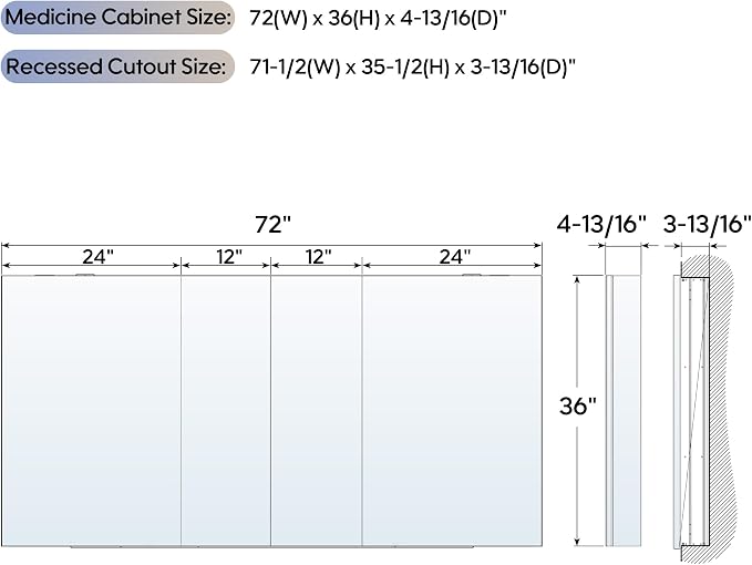 WELLFOR 72" x 36" Bathroom Medicine Cabinet - Image 2