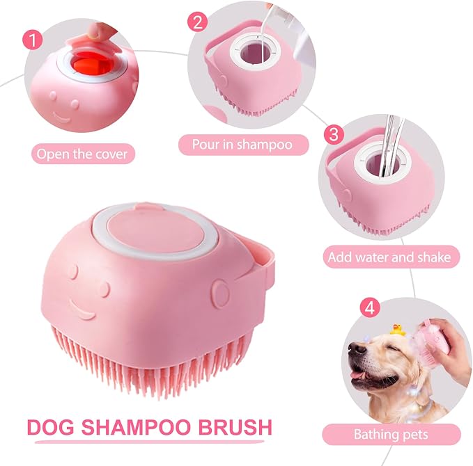 6PCS Pink Dog Washing Kit with Dog Brush, Shampoo Brush, Bath Scrubber - Image 3