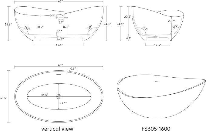 63'' Solid Surface Freestanding Bathtub Matte Soaking Bathtubs Tubs Oval Resin - Image 8
