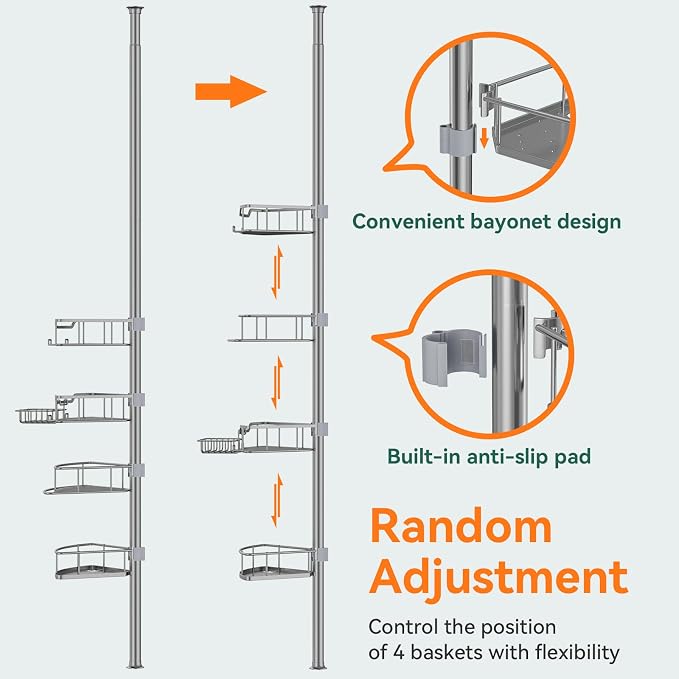 Corner Shower Caddy Tension Pole Rustproof, 4 Tier Adjustable Shower Organizer - Image 5