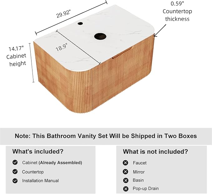 30" Floating Bathroom Vanity Without Sink, Marble Top, Solid Wood Surface and - Image 2
