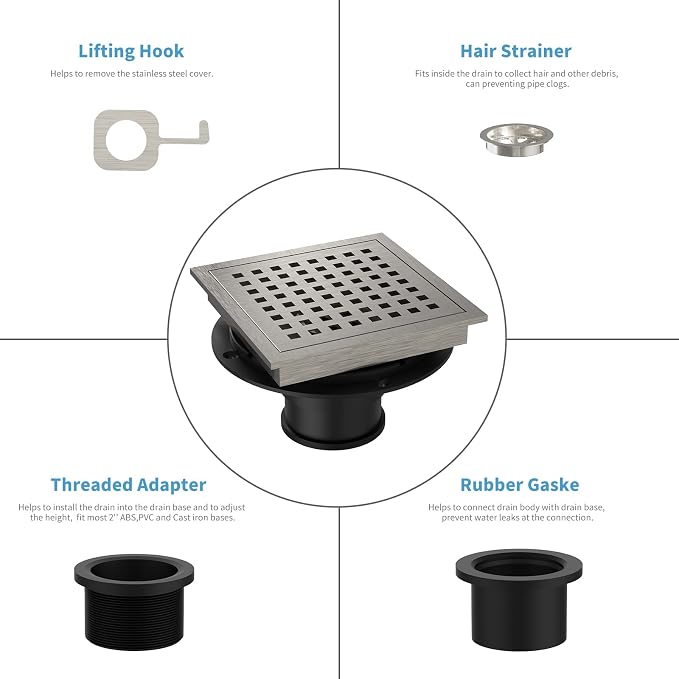 6 Inch Square Shower Floor Drain, Brushed Nickel High Flow Shower Drain Kit - Image 4