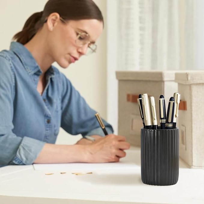 Black Toothbrush Holder, Ceramic Tooth Brush Holder Set, Ribbed Bathroom Cups - Image 7