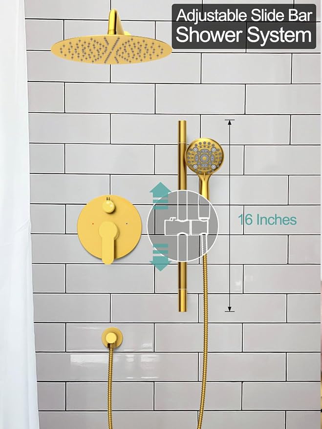 SR SUN RISE 12 Inch Brushed Gold Shower System, Wall-Mount Adjustable 16-Inch - Image 3