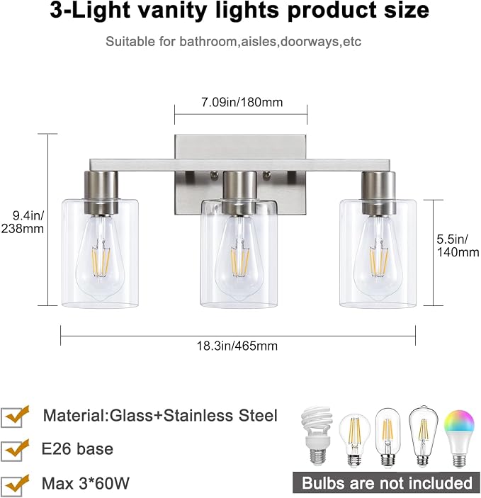 3-Light Vanity Lights, Brushed Nickel Vanity Light, - Image 3