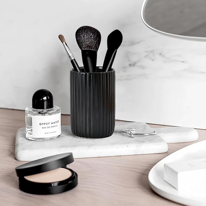 Black Toothbrush Holder, Ceramic Tooth Brush Holder Set, Ribbed Bathroom Cups - Image 6