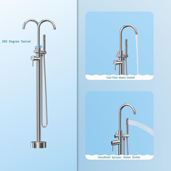 Freestanding Tub Filler Polished Chrome Floor Mount Bathtub Faucet Bathroom - Image 3