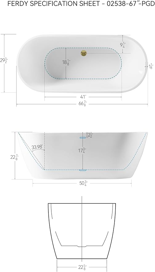 FerdY 67" Bali Acrylic Freestanding Bathtub, Gracefully Shaped Freestanding - Image 7