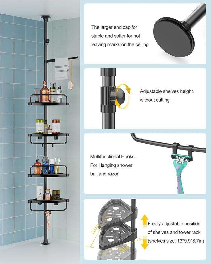 ADOVEL 4 Layer Corner Shower Caddy, Stainless Steel Constant Tension Pole - Image 5