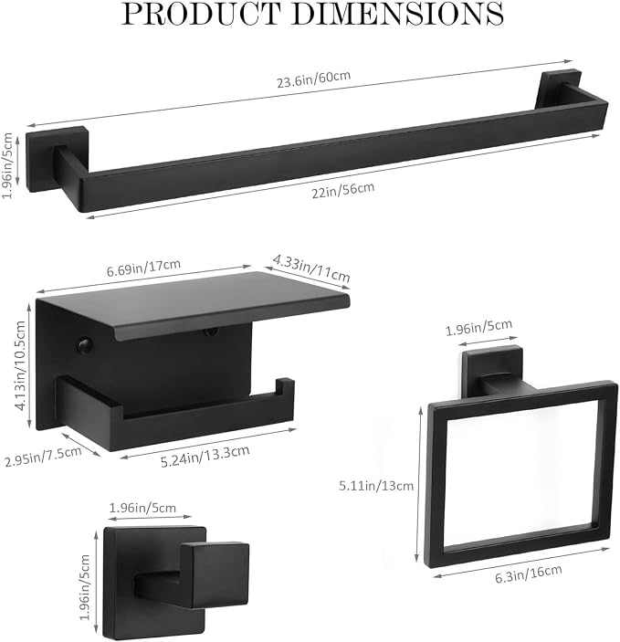 Bathroom Towel Bar Holder Sets Matte Black 5-Piece Bathroom Hardware Set - Image 4