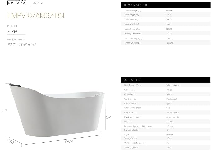 Empava Update Acrylic Whirlpool Bathtub, 67-Inch Freestanding Gracefully Oval - Image 9
