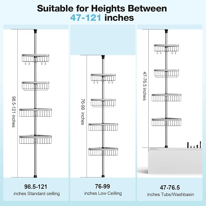 Corner Shower Caddy Tension Pole: Stainless Steel Rustproof 4-Tier Shower - Image 2
