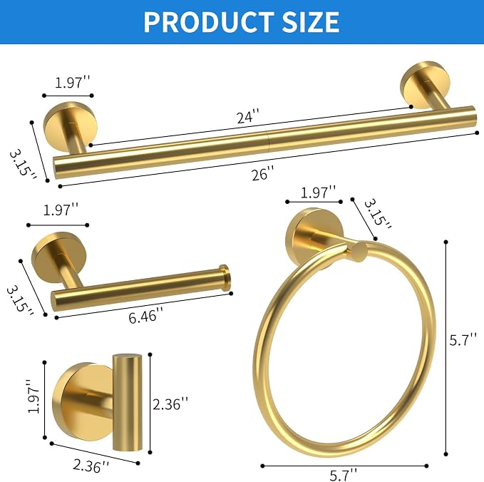 Brushed Gold Bathroom Accessories, Bathroom Hardware Set, SUS304 Stainless - Image 2