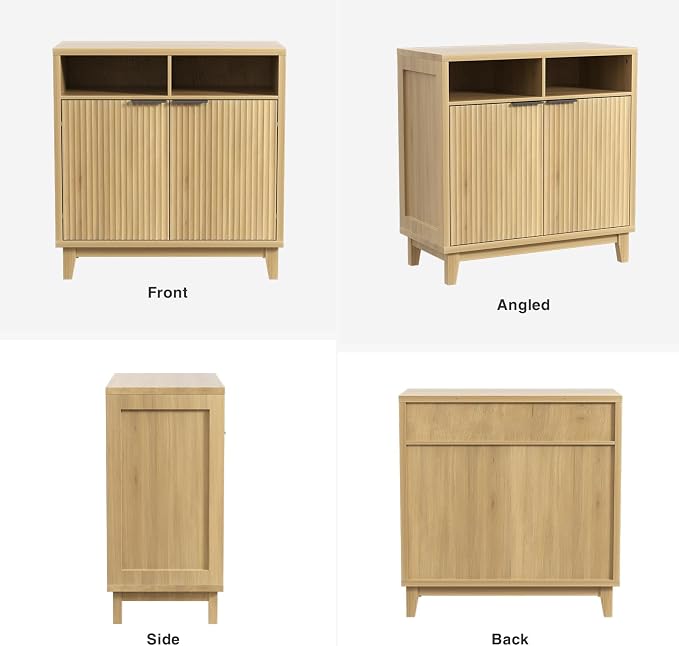 Fluted Cabinet with Doors, Modern Accent Storage Cabinet with Solid Wood Legs & - Image 9